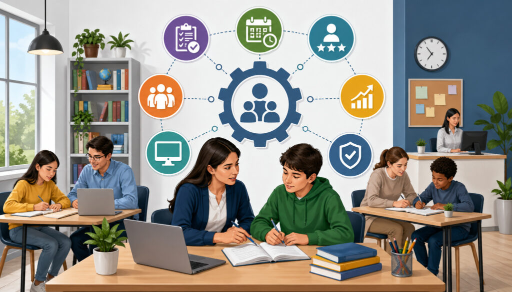 Modern tutoring center with instructors helping students at desks, surrounded by workflow icons representing scheduling, performance tracking, and organized education operations