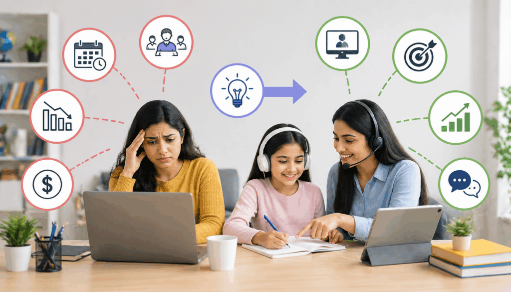 Tutoring business challenges and solutions illustrated with stressed tutor, student learning session, and icons for scheduling, finances, communication, and growth