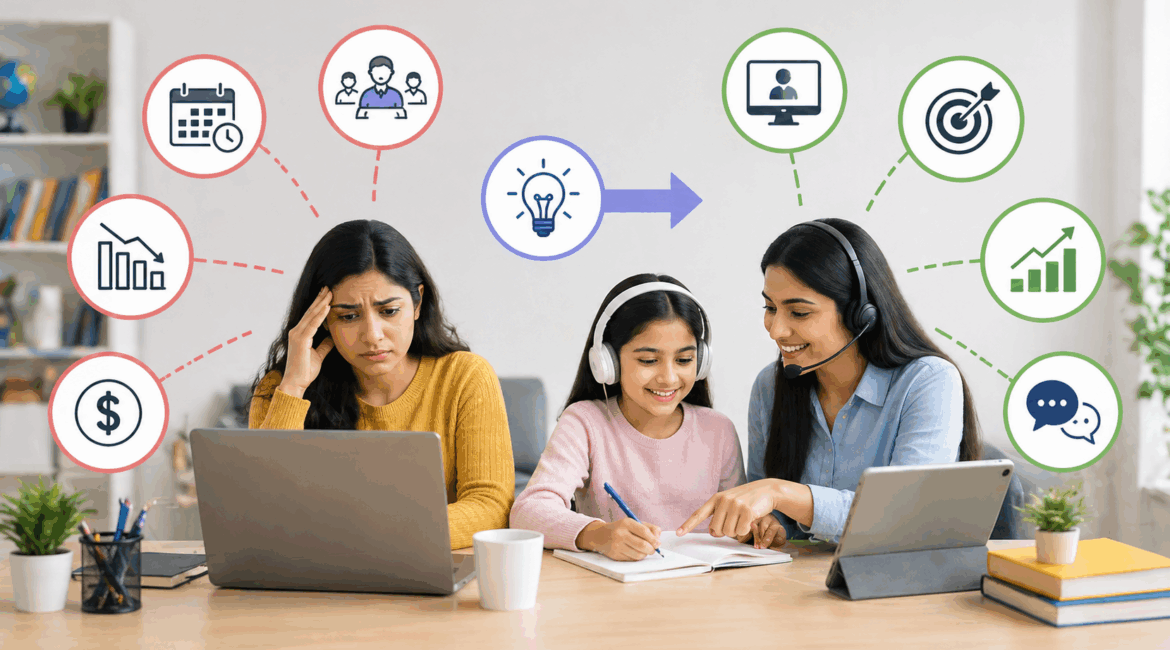 Tutoring business challenges and solutions illustrated with stressed tutor, student learning session, and icons for scheduling, finances, communication, and growth