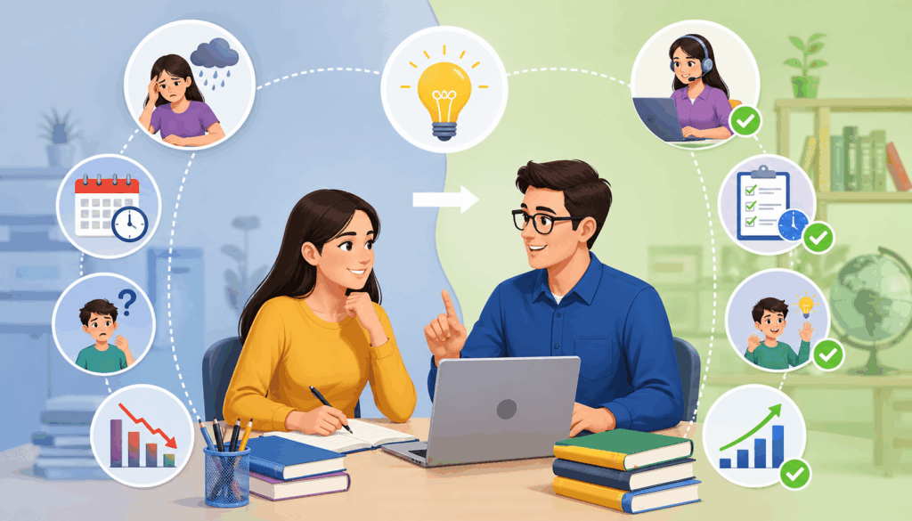 Illustration of a tutoring session showing common challenges like confusion and scheduling issues transitioning into solutions such as organized planning, online learning, and improved student performance