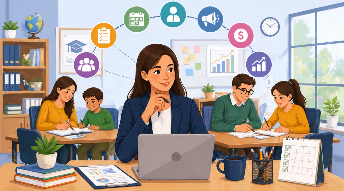 Tutoring center manager overseeing students and teachers in a structured learning environment with scheduling, communication, and performance icons in background