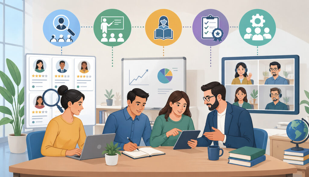 Illustration of a team hiring, training, and managing tutors with candidate evaluation, onboarding, and online teaching collaboration tools visible