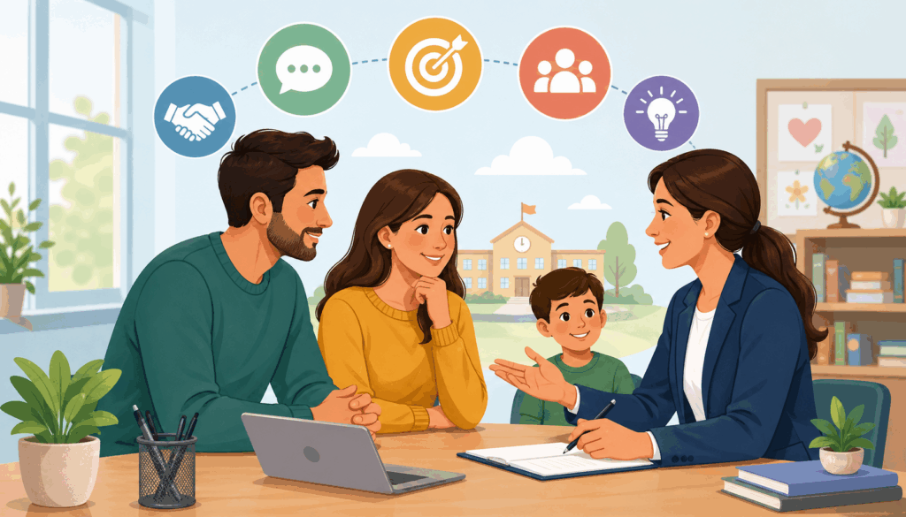 Parent-teacher meeting with family discussing student progress in a positive classroom environment with communication and goal-setting icons in background
