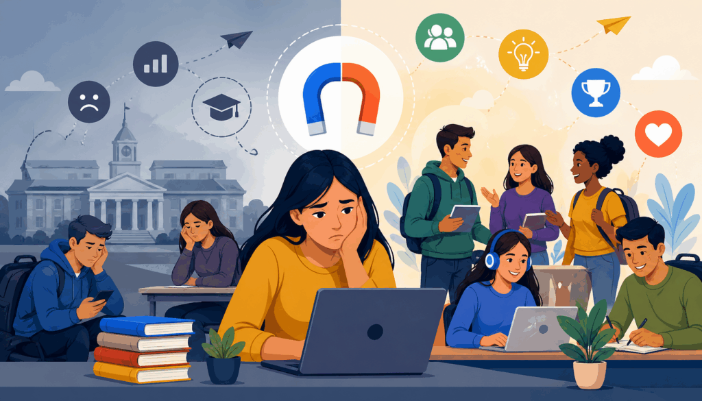 Illustration of student engagement challenges showing a disengaged student contrasted with actively collaborating and motivated students using digital learning tools and educational icons
