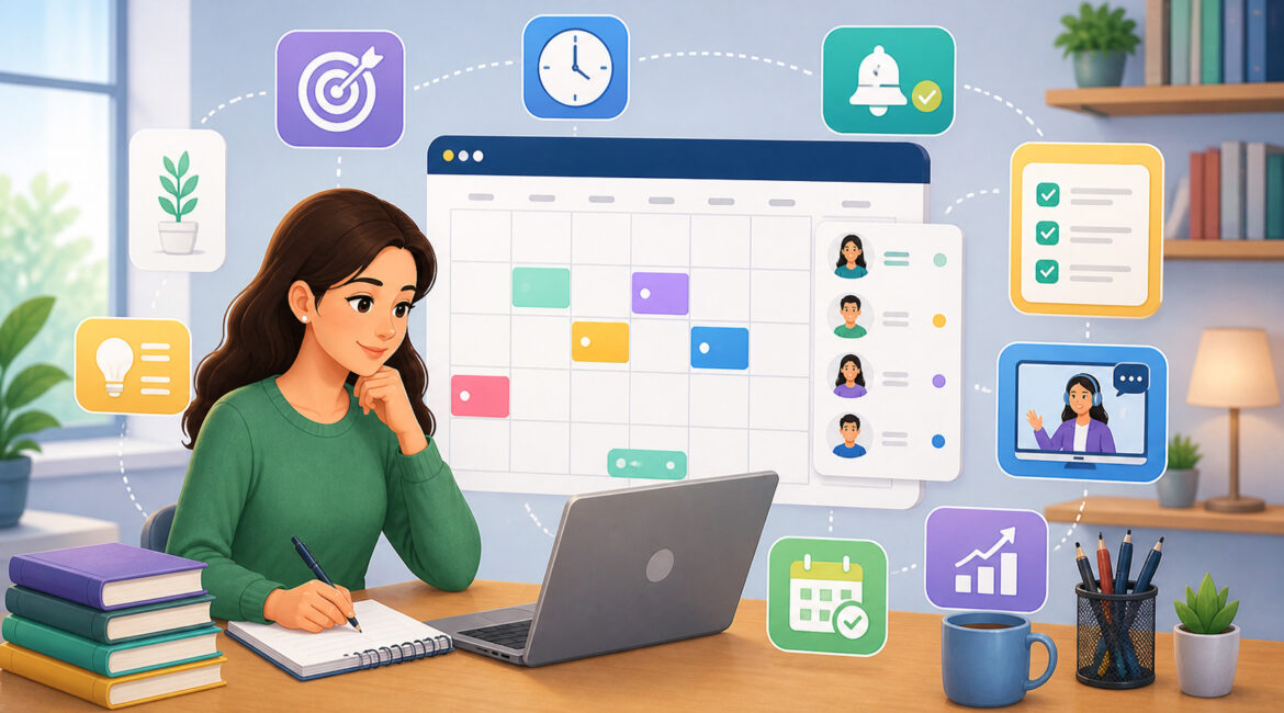 Illustration of a tutor managing a digital calendar with color-coded sessions, reminders, and student icons in a well-organized home workspace