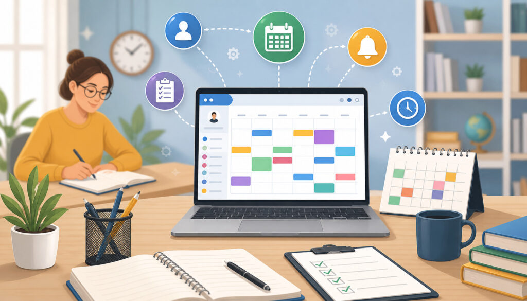 Modern illustration of a tutor managing schedules on a laptop with digital calendar, task icons, and organized workspace setup