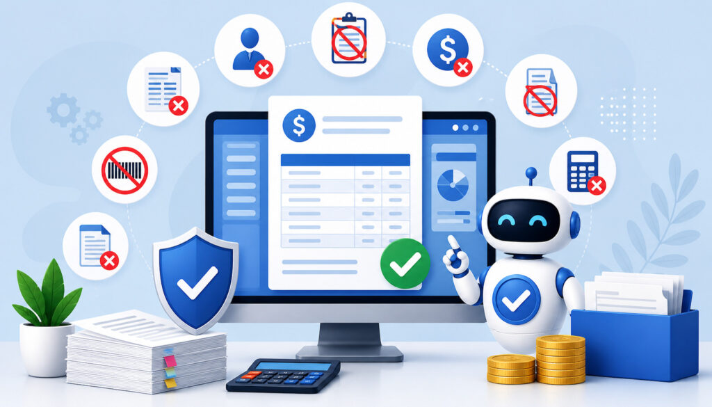 Automated billing system dashboard with AI assistant preventing invoice errors, showing validated invoices, financial icons, and digital payment processing workflow
