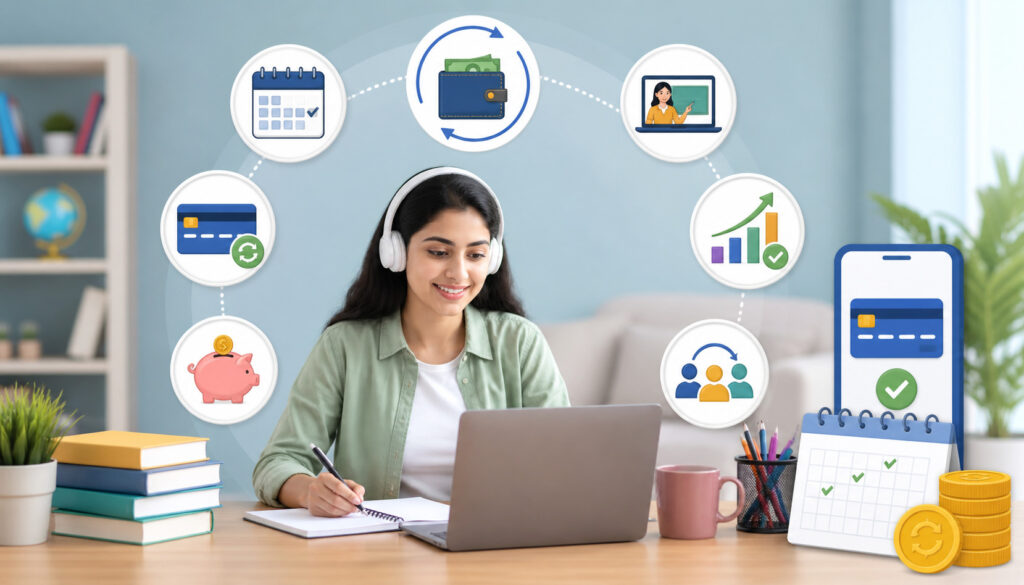 Illustration of an online tutor conducting a virtual lesson on a laptop with icons representing recurring payments, subscription billing, scheduling, and financial growth in the background