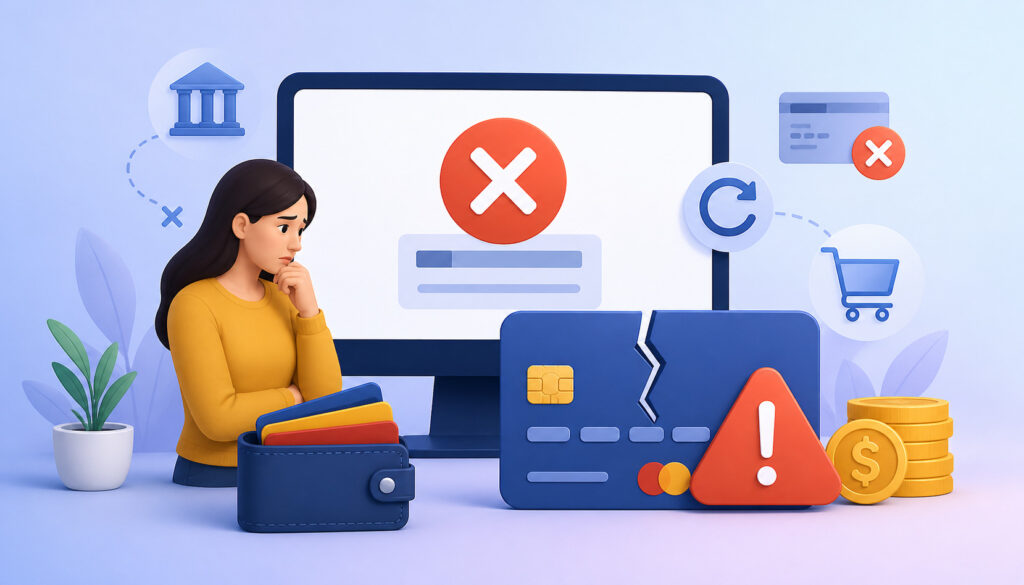 Illustration of failed online payment with declined credit card, warning symbol, and user reviewing transaction issue on digital screen