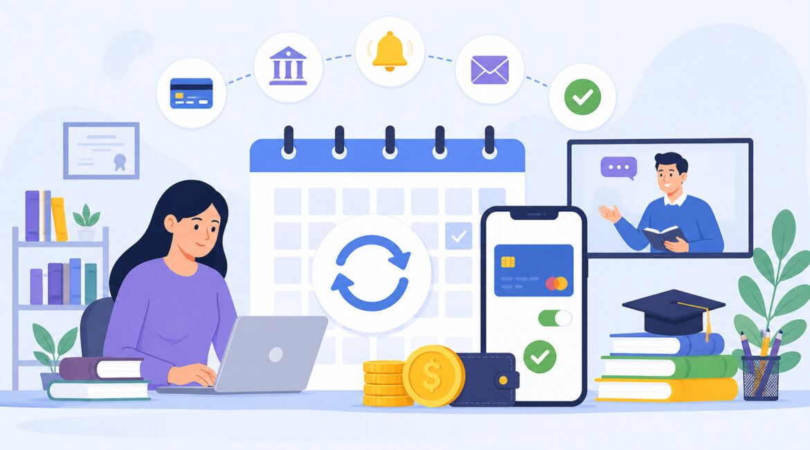 Recurring tutoring payment management illustration with calendar, online lesson, mobile payment app, and automated billing icons