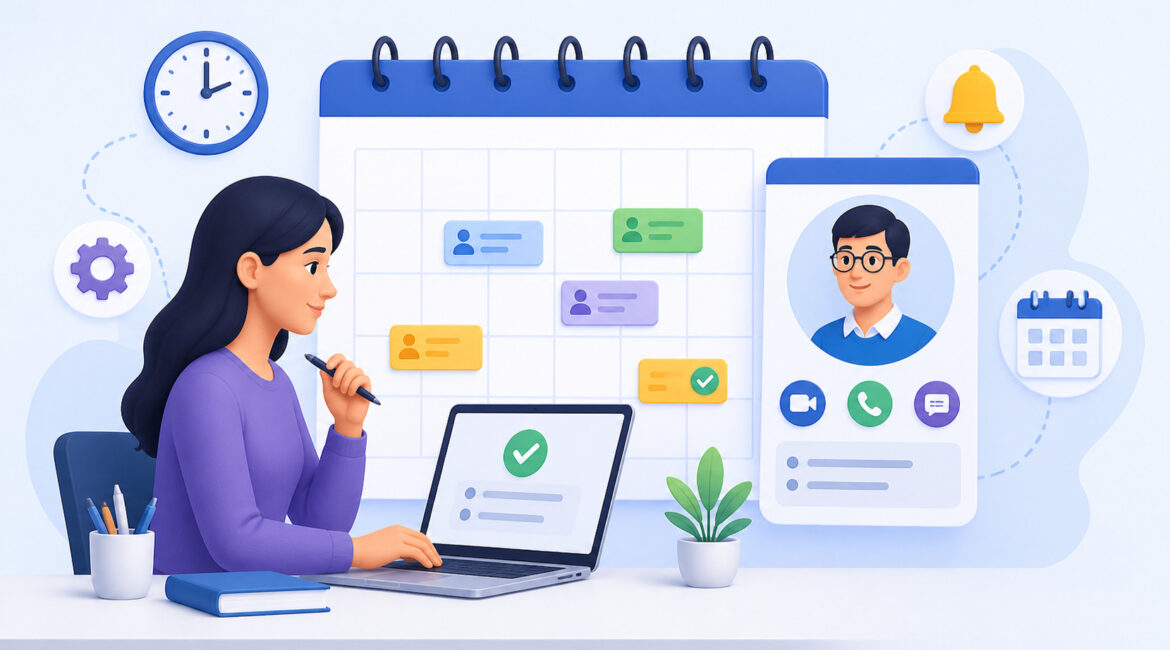 Illustration of tutor using online scheduling system with digital calendar, virtual meeting interface, and appointment booking icons