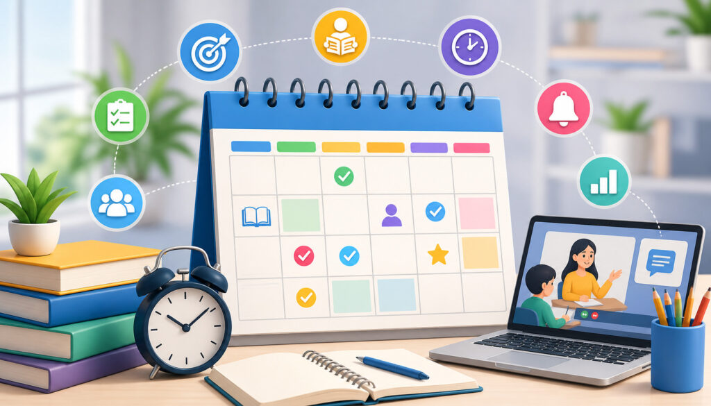Modern 3D illustration of a tutoring calendar system with scheduled sessions, laptop showing online tutoring, books, and productivity icons in a clean workspace setting