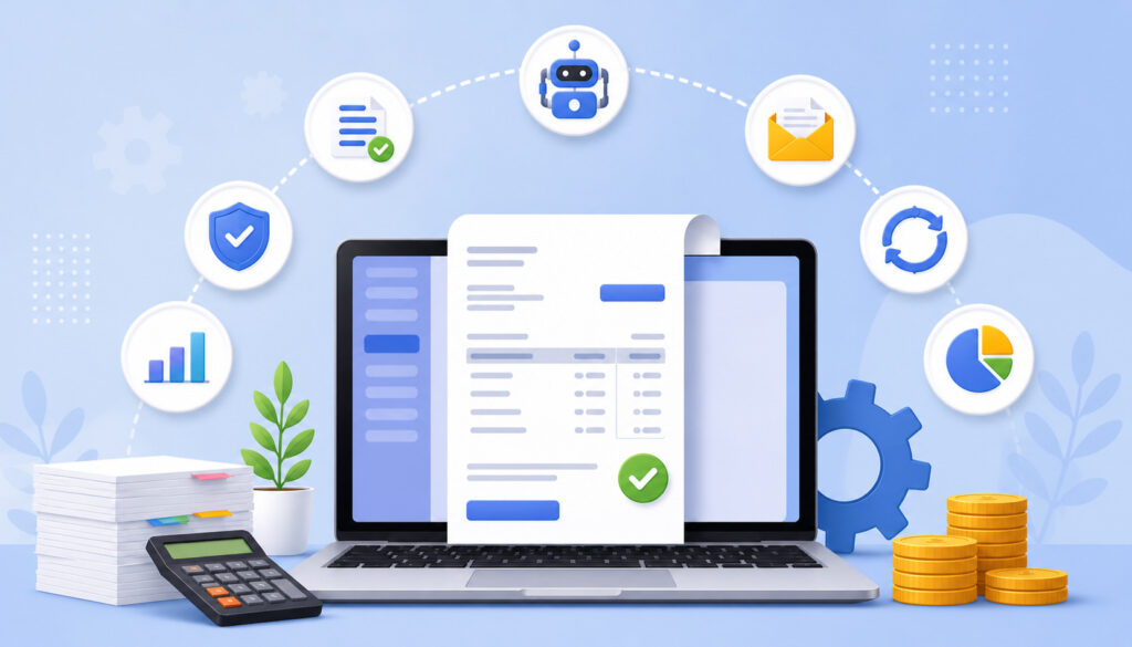 Automated billing software dashboard with digital invoice on laptop, surrounded by finance icons representing payments, reporting, and workflow automation