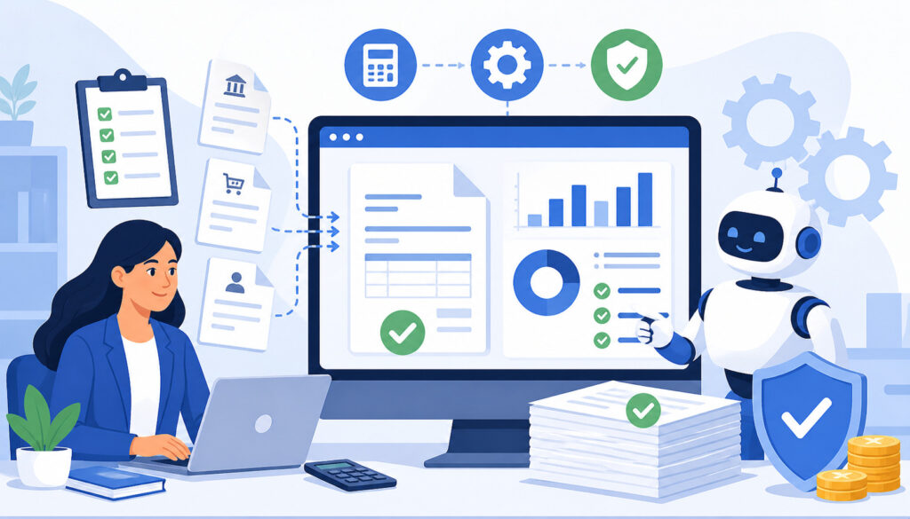 Automated billing system dashboard with AI assistant reducing errors, showing invoices, analytics charts, and verification checkmarks in a modern workspace