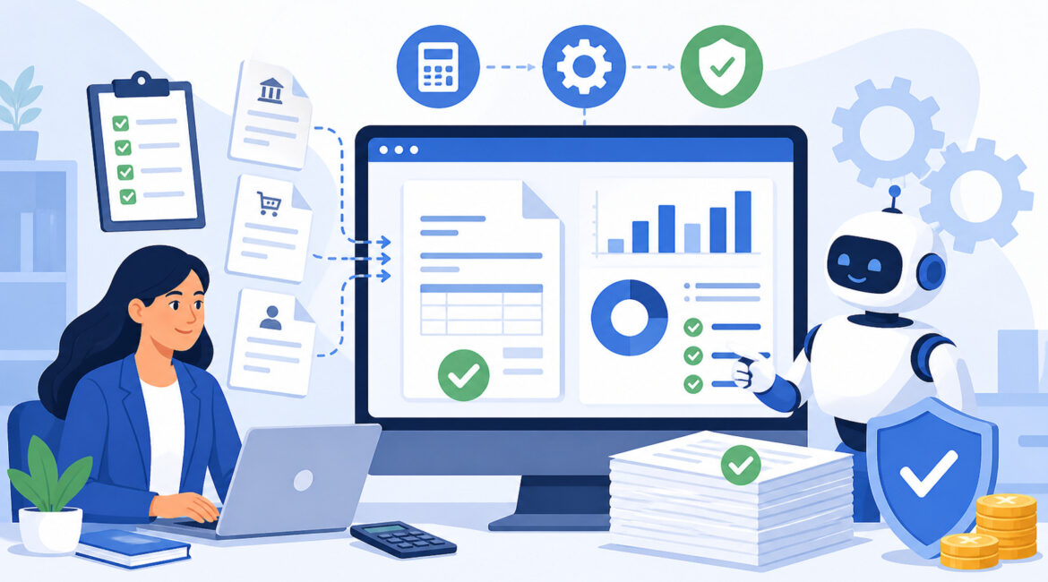 Automated billing system dashboard with AI assistant reducing errors, showing invoices, analytics charts, and verification checkmarks in a modern workspace
