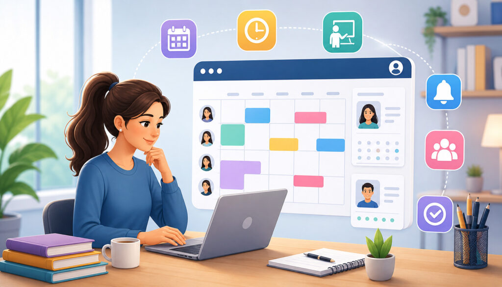 Illustration of a tutor using scheduling software on a laptop with calendar interface, student profiles, and productivity icons in a modern workspace