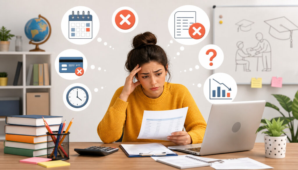 Frustrated tutor reviewing billing documents at desk with laptop and financial error icons representing invoicing mistakes and payment issues
