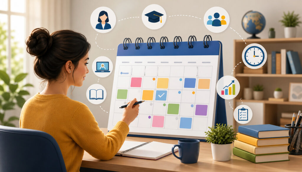 Illustration of a tutor organizing a colorful calendar schedule at a desk with educational icons representing time management, online learning, and student coordination in a modern workspace