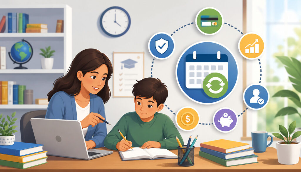 Illustration of a tutor teaching a student at a desk with laptop and books, surrounded by icons representing recurring billing, payments, scheduling, and financial growth