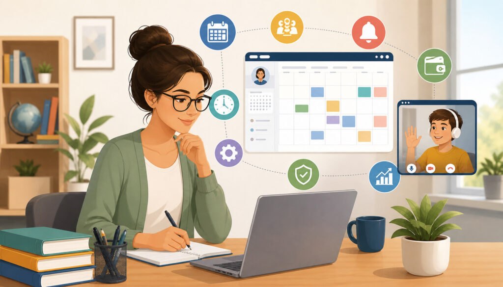 Online tutor using laptop with digital scheduling calendar, video call session, and productivity icons in a modern workspace illustration