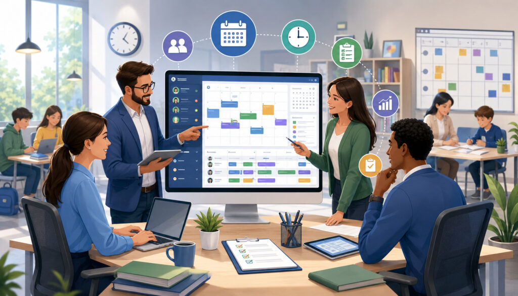 Tutor scheduling and staff management dashboard illustration