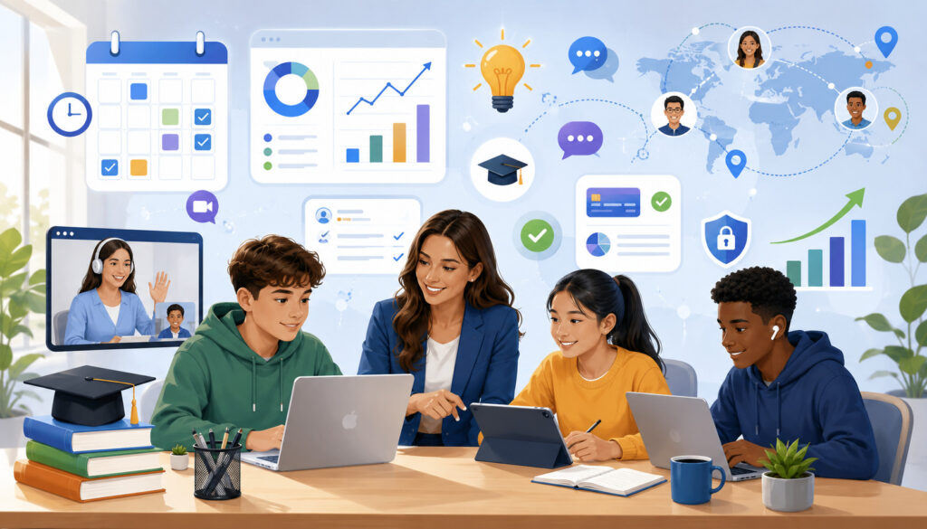 Modern tutoring business with digital learning tools and students
