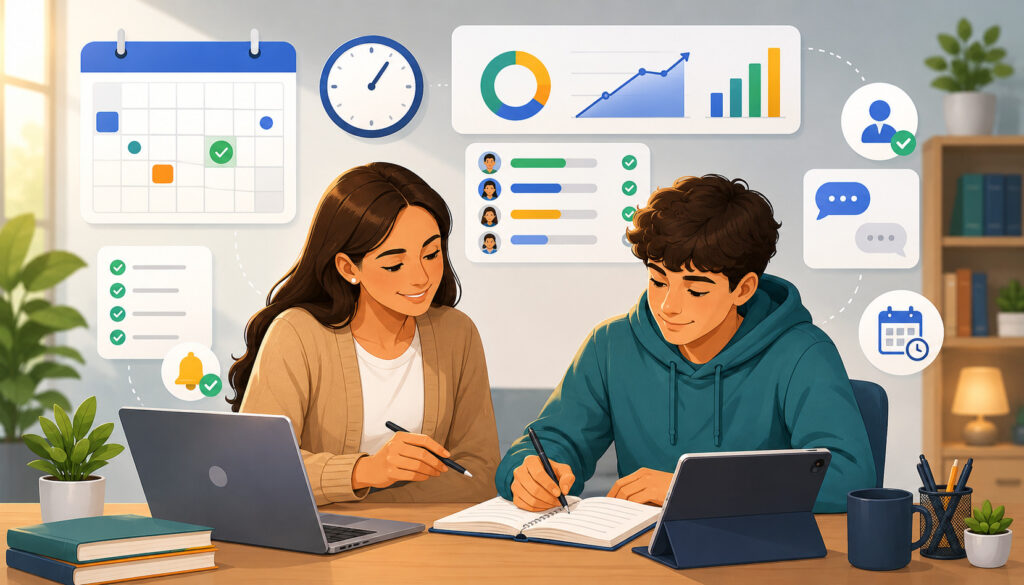 One-on-one tutor guiding a student with scheduling and progress tools